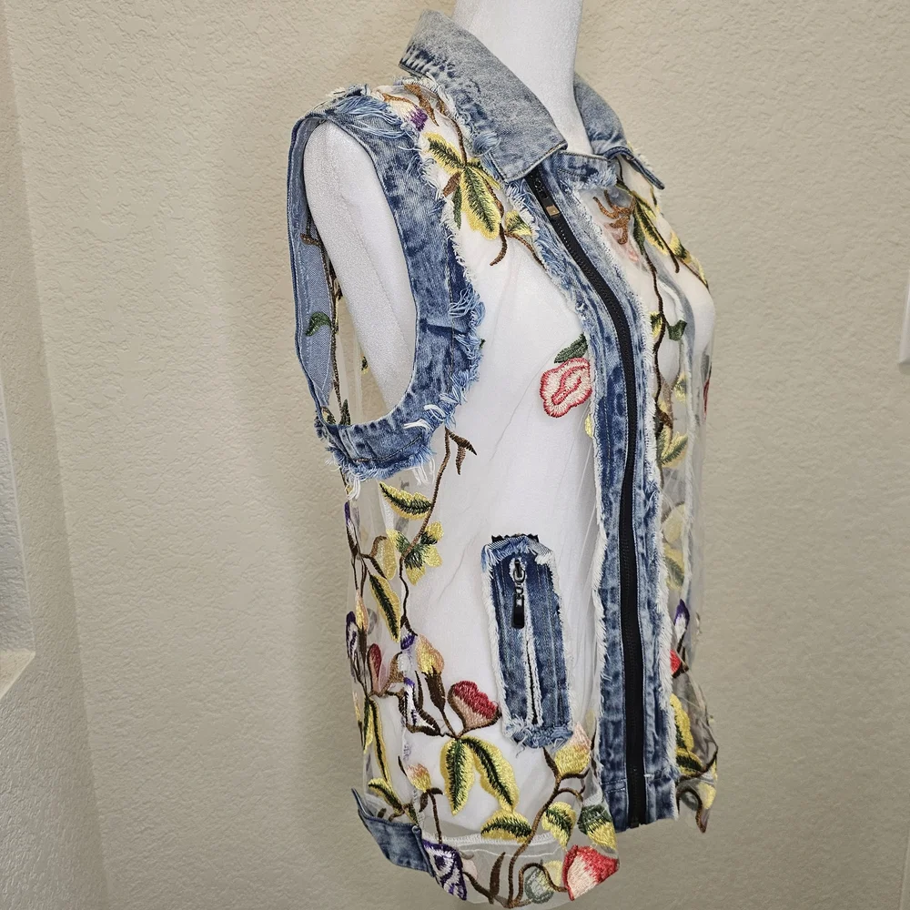 Adore Floral Embroidered Sheer Denim Vest - Picture 3 of 16